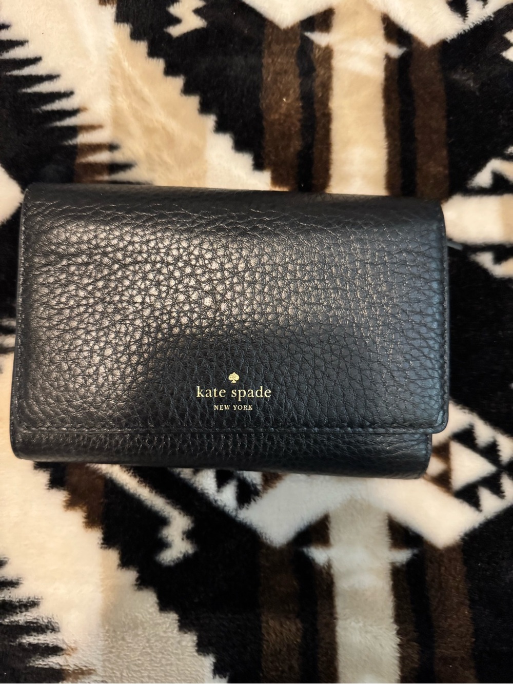kate spade Black Pebbled Leather Card Holder with Gold Logo